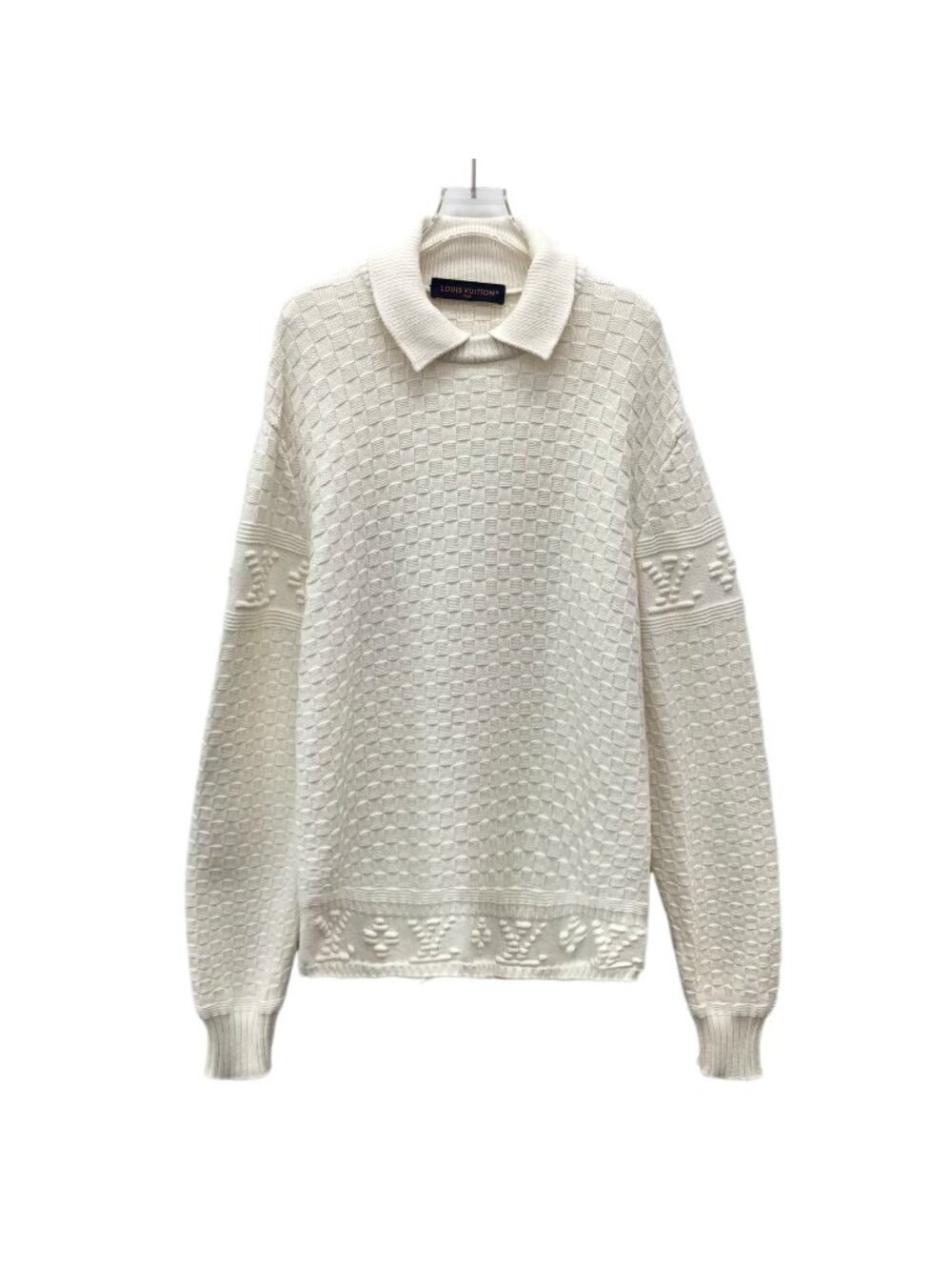 Louis Vuitton 2023 White Embossed Checkerboard Logo Knit Sweater